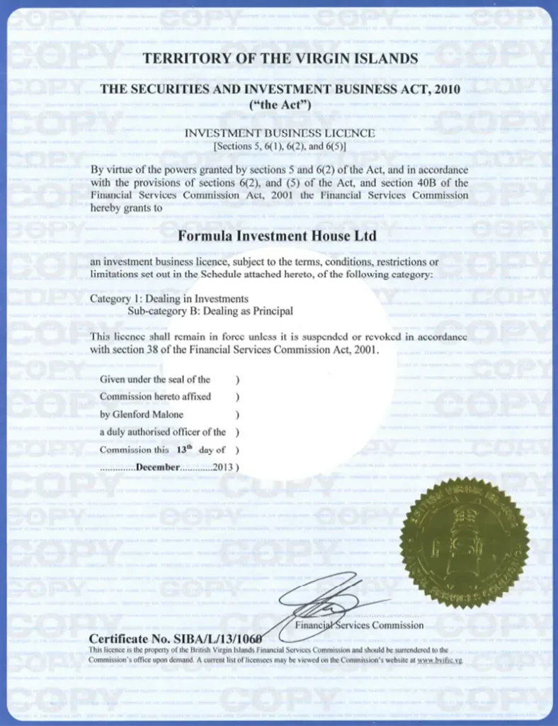 iFOREXの英領バージン諸島の金融サービス委員会のライセンス証明書