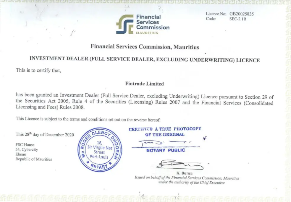 XMのモーリシャス金融庁のライセンス証明書
